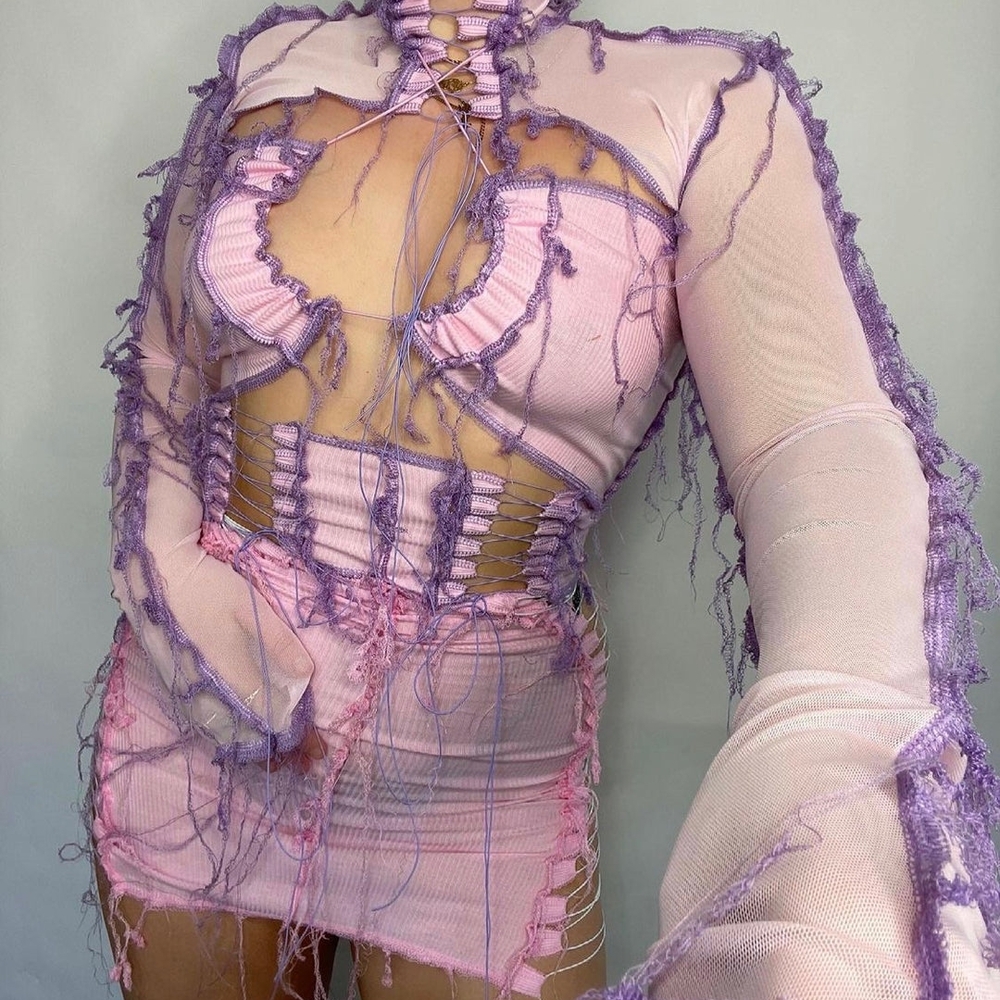 Made By Mata Matacomplex Pink Ruffled Crop Halter Mockneck Top "Kacey"